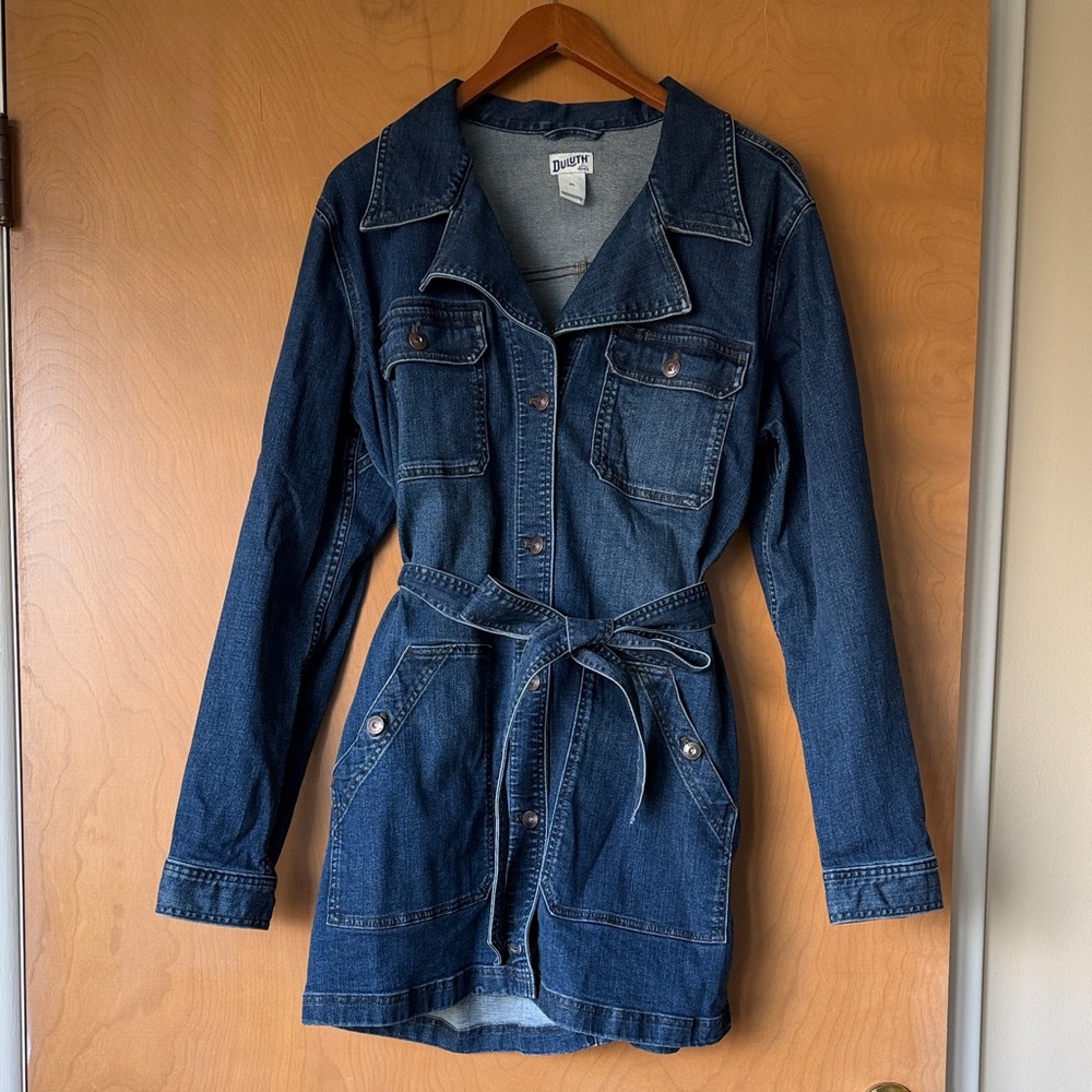 Duluth Trading Co Dark Blue Denim Belted Jacket